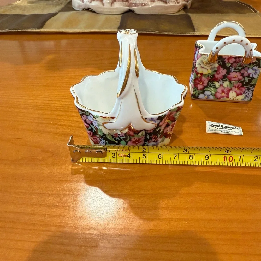 Royal Cotswolds Floral‎ Basket & Handbag Vase Set Gold Trim Decorative
